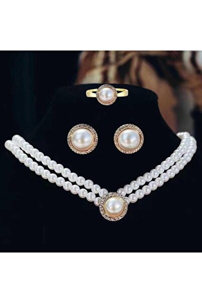 Pursehuit Set colier, cercei și inel reglabil, auriu, cu perle și pietre, Oti...