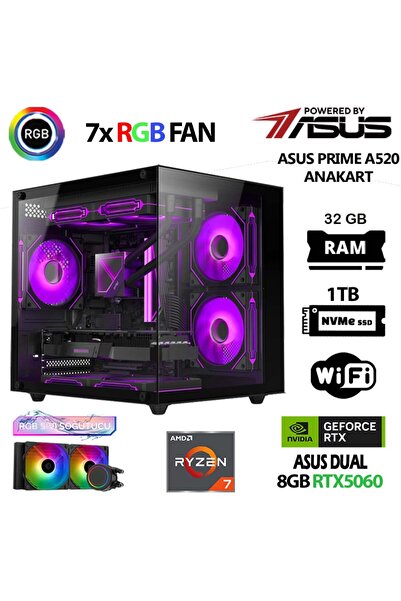 ASUS Prime x3 Ryzen 7 5700X 32GB Ram 1TB M.2 NVMe SSD 8GB RTX5060 Sıvı Soğutm...