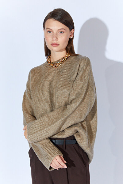 Manche Bisiklet Yaka Oversize Kadın Kazak - Vizon | MKW535344-01