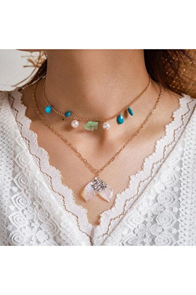 Pursehuit Χρυσό κολιέ, 2 στρώσεις, με χάντρες και ουρά γοργόνας, Tedora C12