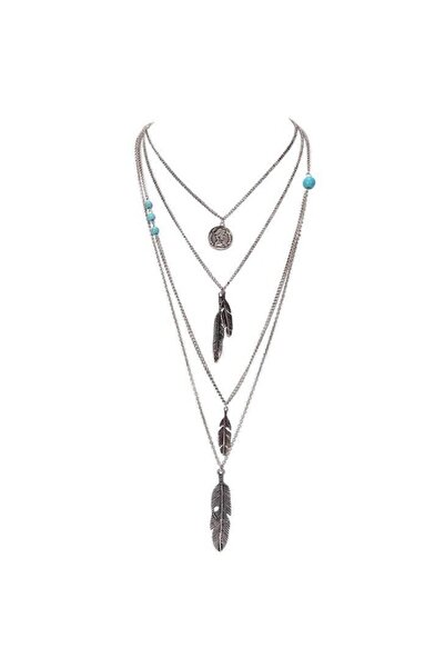 Pursehuit Κολιέ 4 στρώσεων με φτερά και νόμισμα, Ασημί Χρώμα, Aava C1