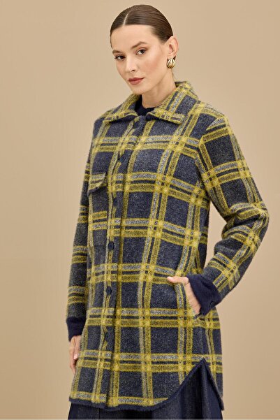 Tığ Triko Ekose Desenli Mink Kaban LACİVERT