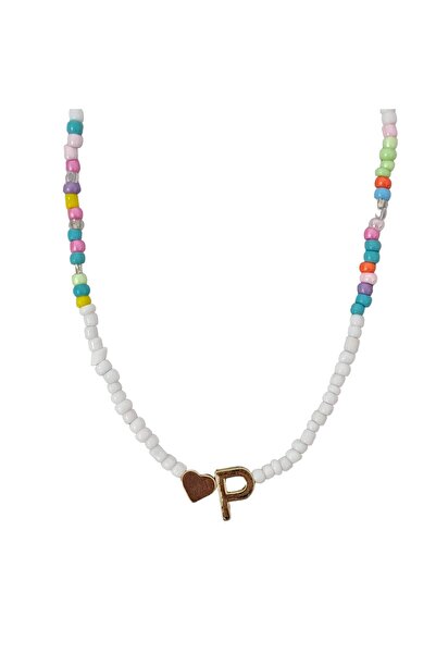 Pursehuit Colier auriu cu mărgele colorate, litera P C2