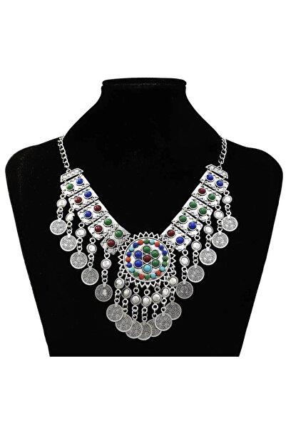 Pursehuit Colier de culoare argintie, cu monede și mărgele colorate, Sara C8