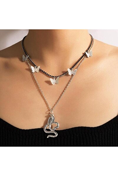 Pursehuit Colier de culoare argintie, în 2 straturi, cu pietre negre, fluturi...