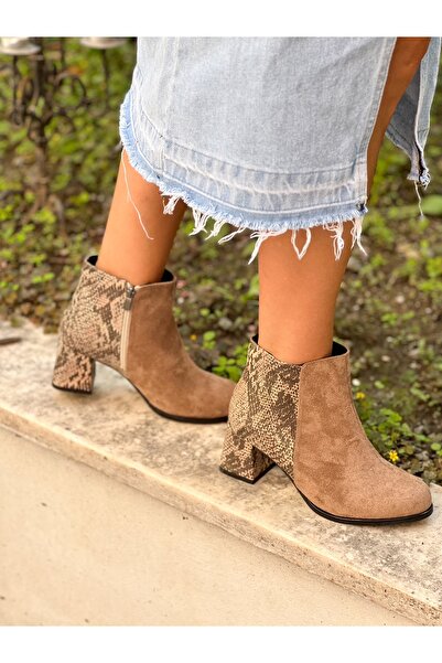 BERFONA PERY VİZON DANA SÜET YILAN DERİSİ DETAYLI YUVARLAK BURUN TOPUKLU BOT BOTTİE