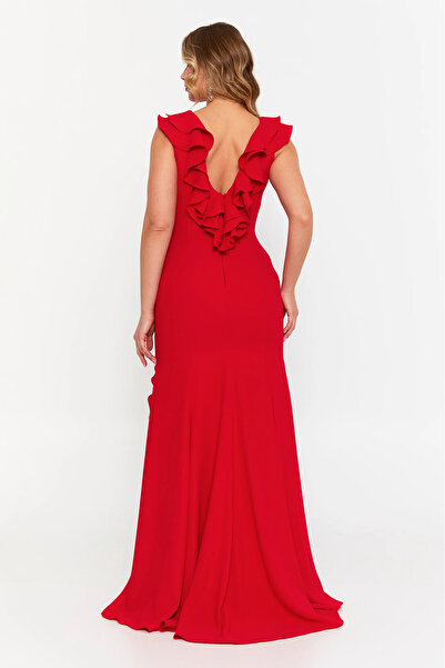 ŞEREF VURAL Women's Plus Size Ruffle Detailed Fish Form Evening Dress 8329 Red