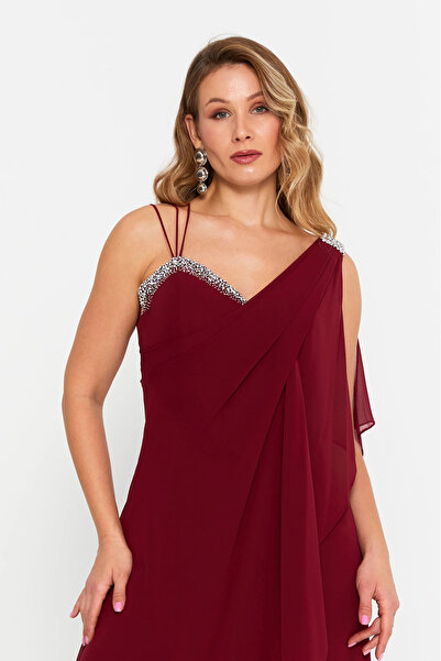 ŞEREF VURAL Women's Plus Size Sleeveless Stone Detailed Long Evening Dress 6671 Burgundy