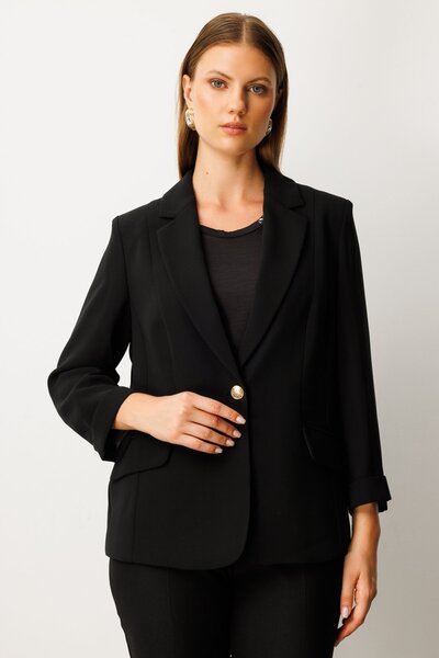 Ekol Women's Plus Size Single Button Jacket with Flap Pockets 5503 Black