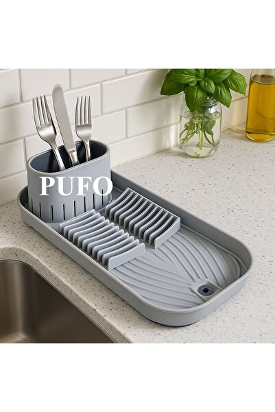 PUFO narrow kitchen drainer for drying dishes with cutlery holder, 40 x 20 cm, gray