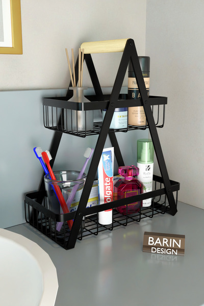 BARIN DESIGN 2 Katlı Metal Telli Banyo Düzenleyici Raf Kozmetik Kişisel Bakım Organizeri Sepetli