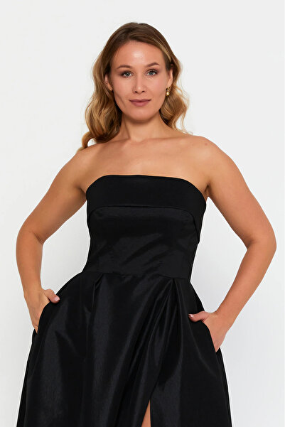 ŞEREF VURAL Women's Plus Size Strapless Double Pocket A-Line Maxi Evening Dress 8337 Black