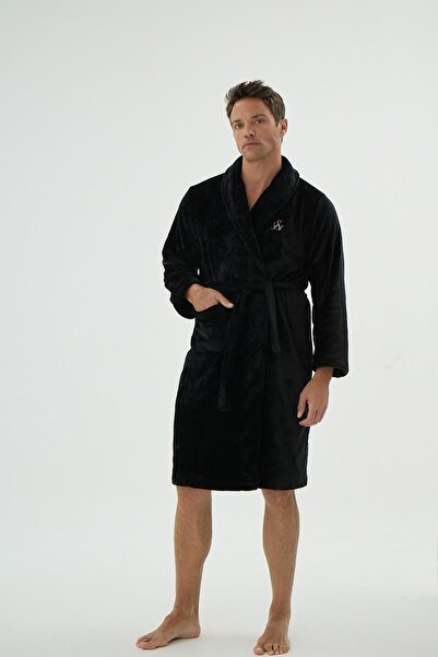 Sevim Men's Pocketed Waist-Tied Short Black Robe C4T4N69