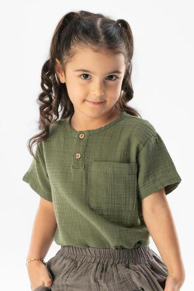 Eliş Şile Bezi Short Sleeve Western Pocket Detailed Summer Muslin Girls' T-Shirt Khaki Hk