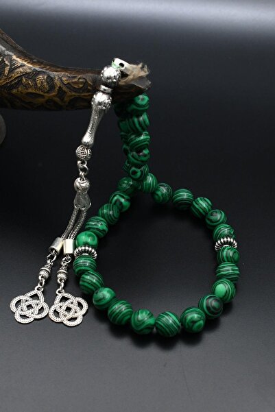 Prestige Natural Malachite Stone 33-Bead Rosary with Metal Tassel 10mm Sphere Cut 902257