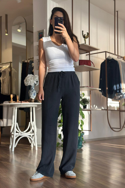 Unique Boutique Anthracite Soft Textured Fabric Arabel Trousers with Elastic Waist and Pockets