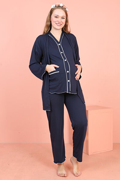 JENİKA Women's 3-Piece Maternity Pajama Set – with Interlining, Button Detailed Robe