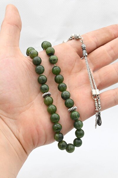 Prestige Natural Jade Stone 33-Bead Rosary with Metal Tassel 10mm Sphere Cut 902244