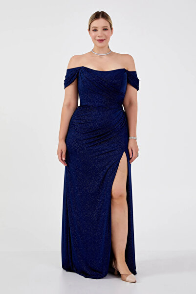 ŞEREF VURAL Women's Plus Size Off Shoulder Deep Slit Mermaid Evening Dress 8212 Navy Blue