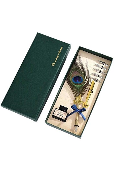 SKY TOUCH مجموعة أقلام ريشة الطاووس من SKY-TOUCH: قلم ريشة بمقبض معدني وحامل قلم