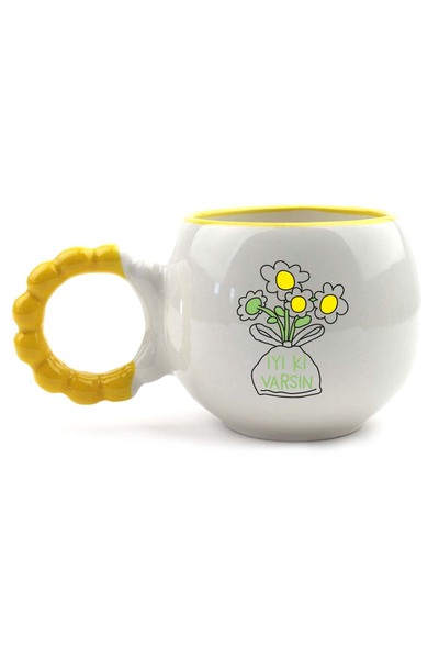 PALTO TASARIM Good to Have You Daisy Bouquet Handmade Cream Shiny Puff Mug - Handcrafted Gift Mug Cup