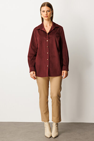 Ekol Women's Plus Size Slim Corduroy Shirt 3545 Burgundy