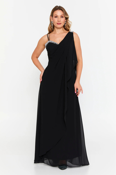 ŞEREF VURAL Women's Plus Size Sleeveless Stone Detailed Long Evening Dress 6671 Black