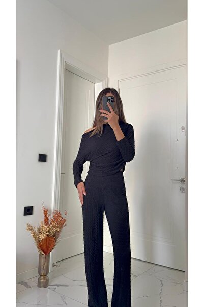Butik Siyah Gofre Kayık Yaka Alt-Üst Takım