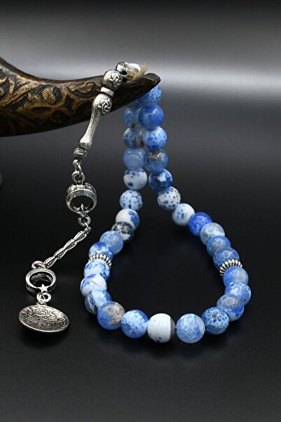 Prestige Natural Veined Agate Stone 33 Prayer Beads with Metal Tassel 10mm Sphere Cut 902240