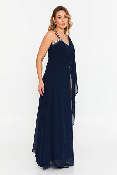 ŞEREF VURAL Women's Plus Size Sleeveless Stone Detailed Long Evening Dress 6671 Navy Blue