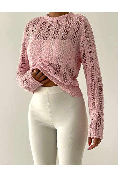 My Blog Bluză roz din tricot ajurat cu gât rotund - 4413