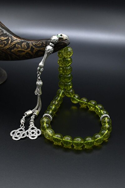 Prestige Natural Peridot Stone 33-Bead Rosary with Metal Tassel 10mm Sphere Cut 902256