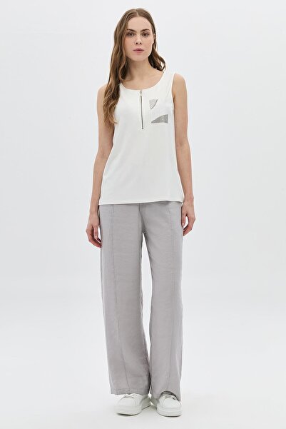 DAIDO Zipper Detailed Pocket Sequined Stone Embellished Tank Top