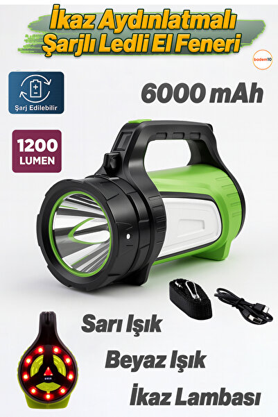 Badem10 1200 Lümen 8W Şarjlı Kamp Led Feneri Güçlü El Lambası 6000 mAh 3 Işık...