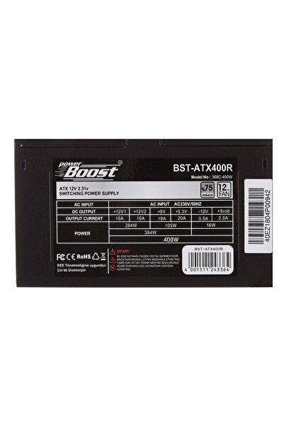 Power Boost PowerBoost BST-ATX400R 400w, PPFC 12cm Siyah Fanlı ATX PSU Power kablo (Retail Box) Güç Kaynağı