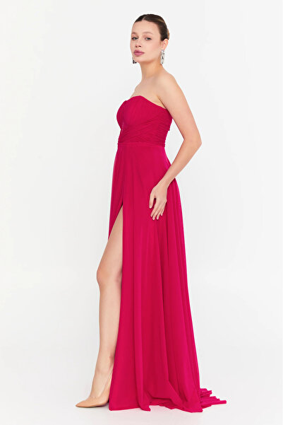 ŞEREF VURAL Women's Strapless Deep Slit Maxi Evening Dress 8322 Coral