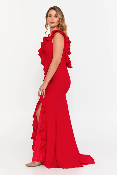 ŞEREF VURAL Women's Plus Size Ruffle Detailed Fish Form Evening Dress 8329 Red