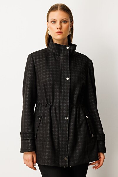 Ekol Women's Plus Size Elastic Waist Houndstooth Patterned Trench Coat 7541 Black