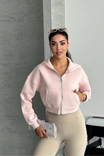 macharel jeans Women's Pink Color Hooded Hooded Crop Sweatshirt Cardigan