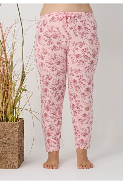 Serena Big Size Women's Pajama Pants, Pink with Flowers, 85% Viscose, 15% Polyester