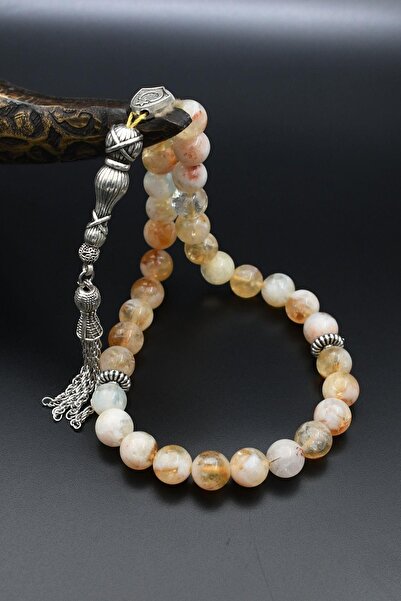 Prestige Natural Citrine Stone 33-Bead Rosary with Metal Tassel 10mm Sphere Cut 902258