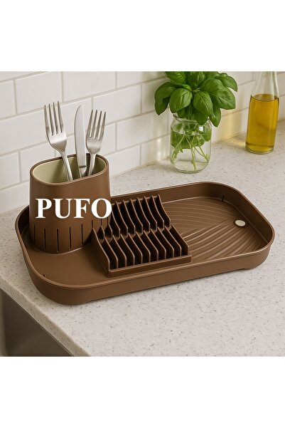 PUFO narrow kitchen drainer for drying dishes with cutlery holder, 40 x 20 cm, brown/cream