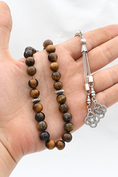 Prestige Natural Tiger's Eye Stone 33-Bead Rosary with Metal Tassel 10mm Sphere Cut 902239
