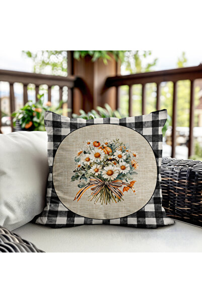 Evmila Çift Taraf Baskılı Kadife Doku Pötikare ve Çiçek Desenli Kırlent Kılıfı