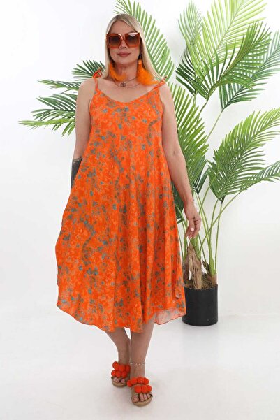 orva fashion İp Askılı Desenli Yazlık Viskon Pamuk Verev Elbise