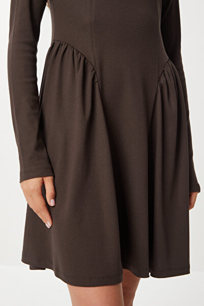Lovelyİstanbul Volanlı Mini Örme Elbise LUB0237 KAHVERENGİ