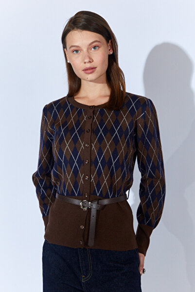 EDITION WOMAN Coffee Baklava Pattern Self Belted Women's Wool Blend Cardigan - Ek100535338