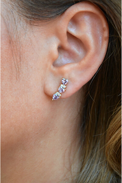 Sacce Scarves&Accessories Zirkon Taşlı Sıralı Kalpli Küpe Lob Helix Kıkırdak Uyumlu