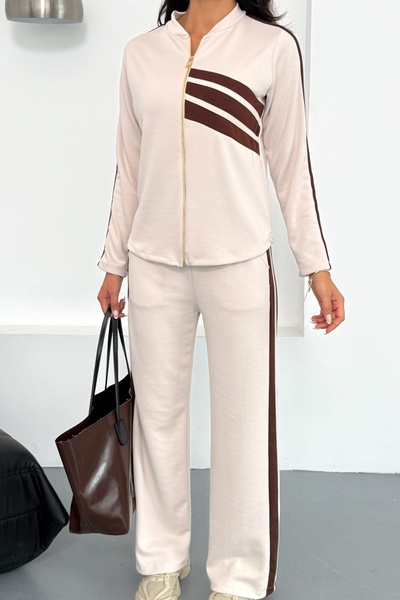 Ded COLLECTION Women's Front Half Stripe Detailed Zippered Sporty Stylish Modal Bottom Top Set