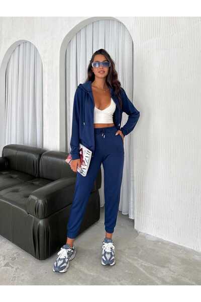 PUCKA Set de trening modal cu glugă, albastru bleumarin, cu fermoar